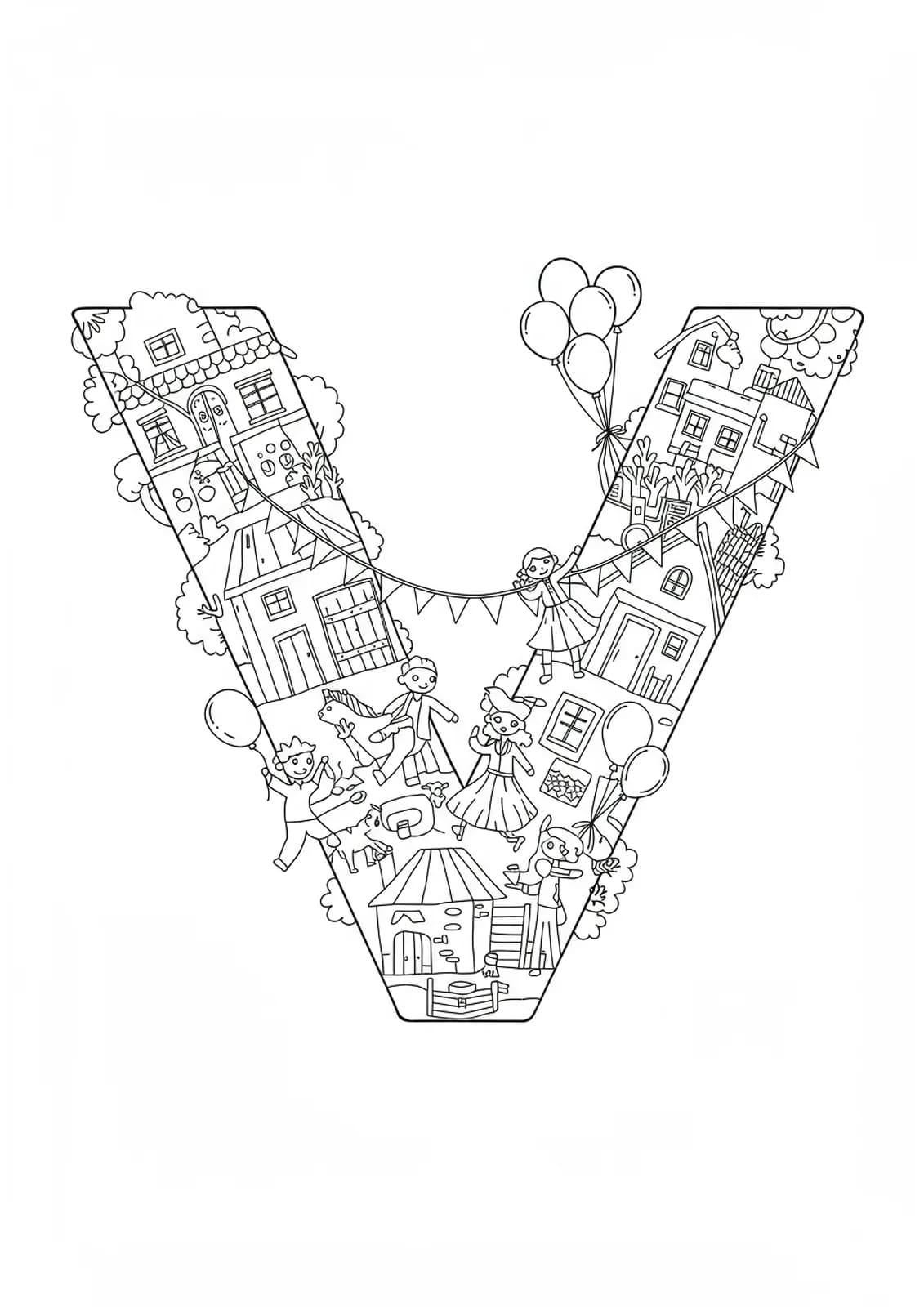 Outline drawing of the letter V with village houses, banners, balloons, and dancing people, medium detail for elementary children.