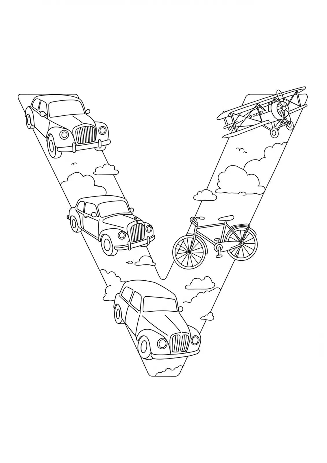 Black and white line art of the letter V with vintage cars, a bicycle, and airplane, medium detail for elementary kids.