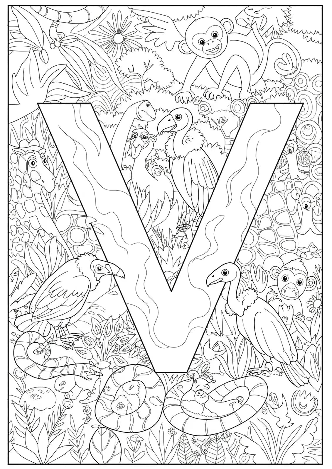 Zoo animals and the letter V in a detailed, complex coloring page for preschoolers.