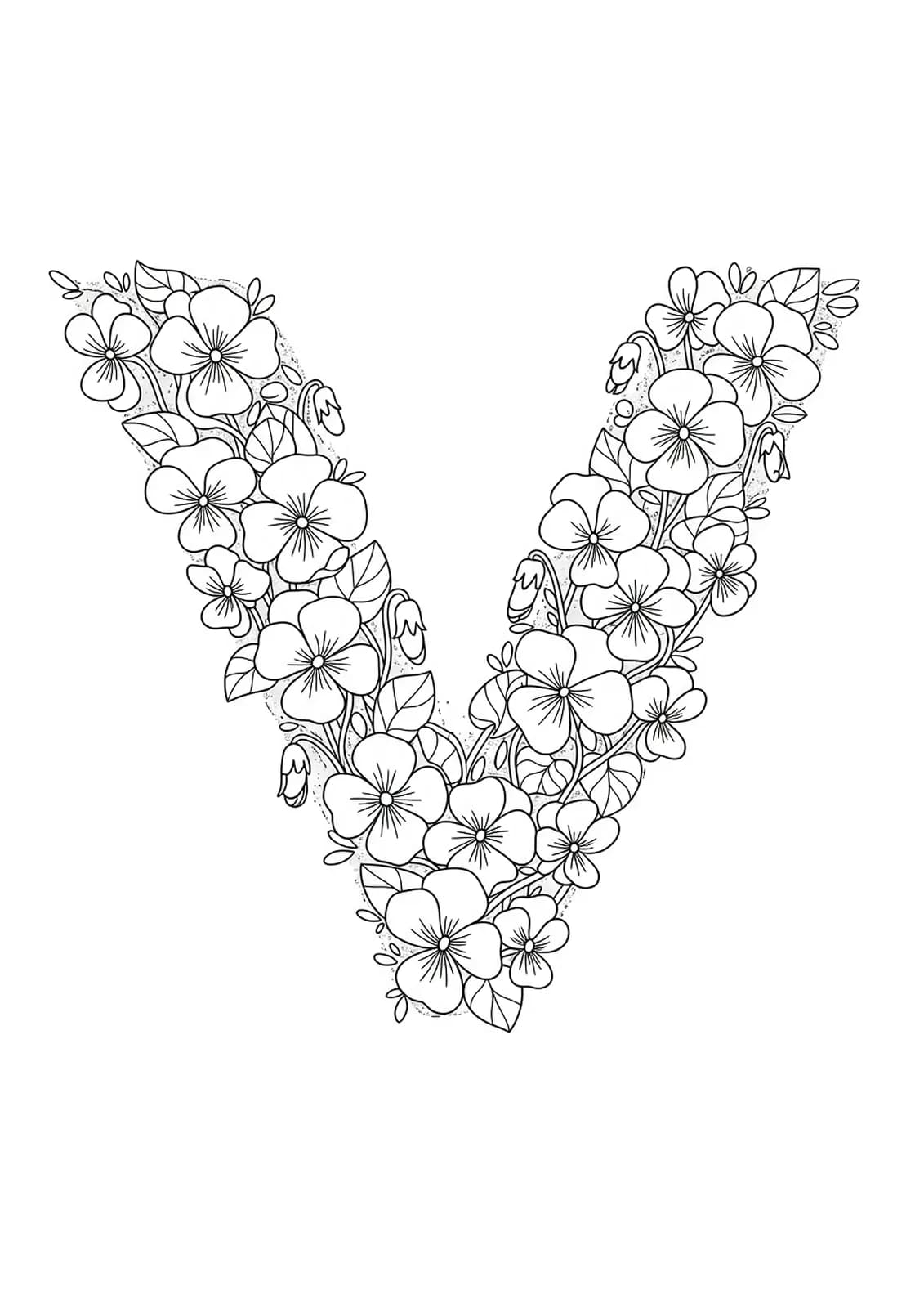 Black and white line art of the letter V covered with violet flowers and leaves, medium detail for elementary children.