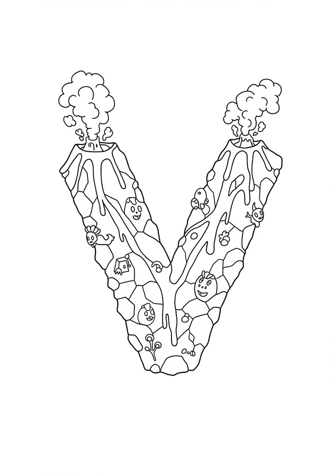 Detailed volcano scene with the letter V, erupting lava, and rocks for preschool children.