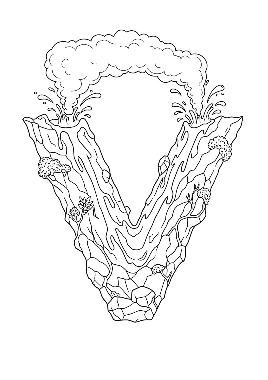 Hard volcano-themed coloring page with the letter V as an erupting volcano, detailed lava, rocks, and smoke.