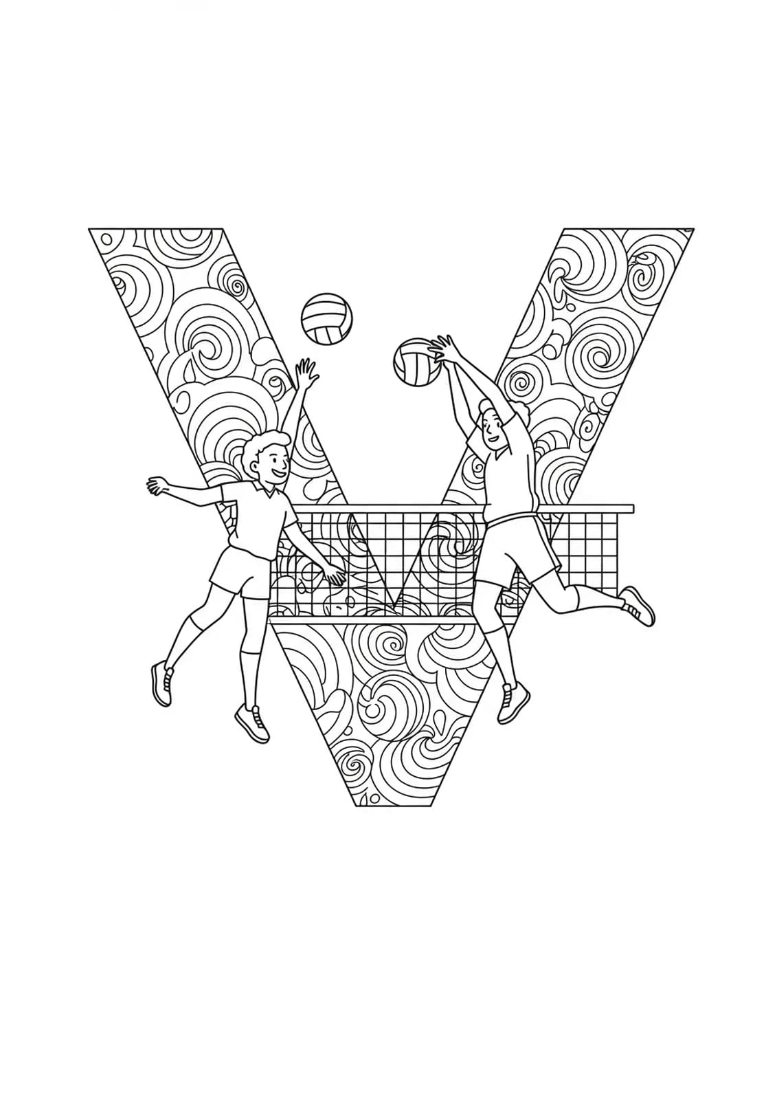 Complex volleyball scene with the letter V, players, net, and ball patterns for elementary hard-level coloring.