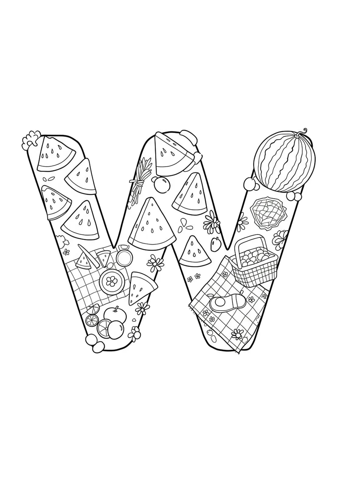Detailed watermelon and picnic-themed letter W coloring page for preschoolers, with seeds and baskets.