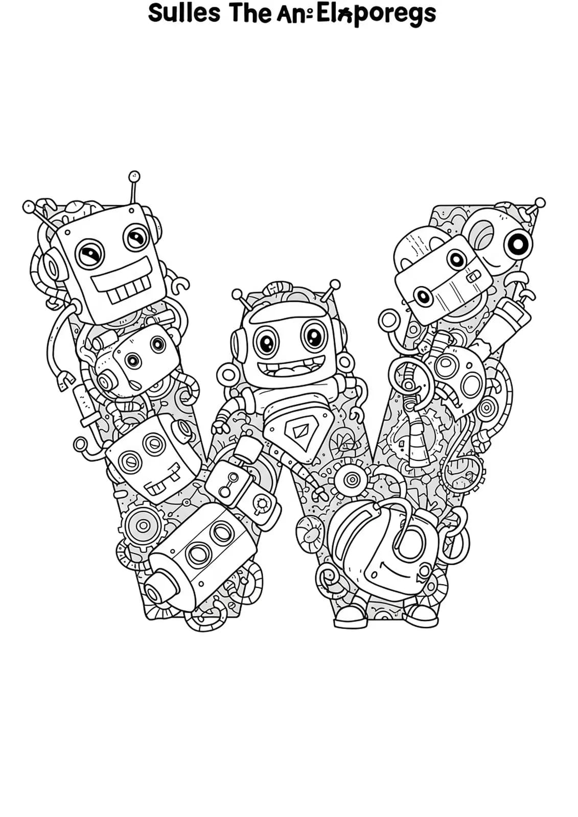 A letter W surrounded by friendly robots, gears, and wires in a moderately detailed line art coloring page for elementary ages.