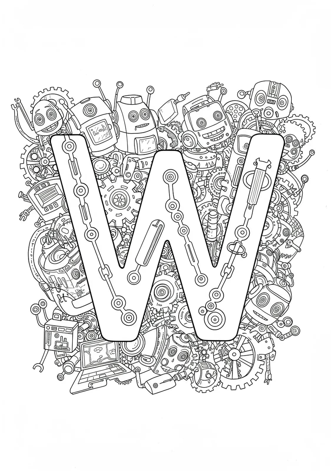 Letter W with detailed gears, wires, and whimsical robot characters in line art