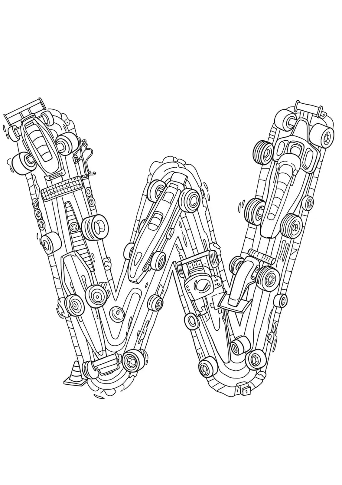 Complex race car-themed letter W coloring page with cars, wheels, and tracks for preschoolers.