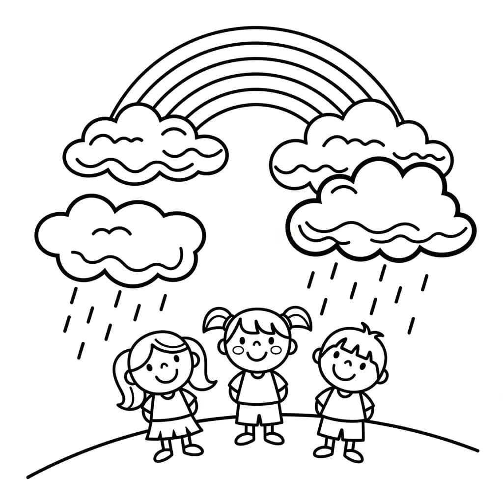 Children with umbrellas, clouds, sun, and a rainbow