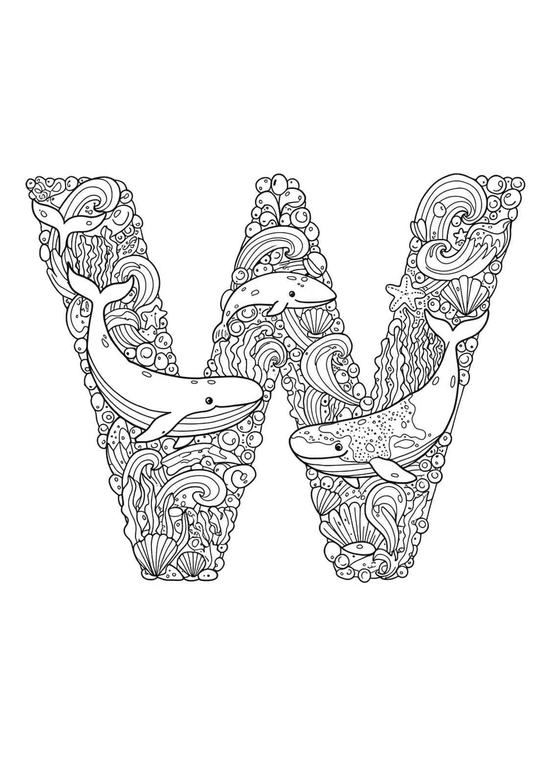 Intricate ocean-themed letter W coloring page with whales, seaweed, and seashells for preschoolers.