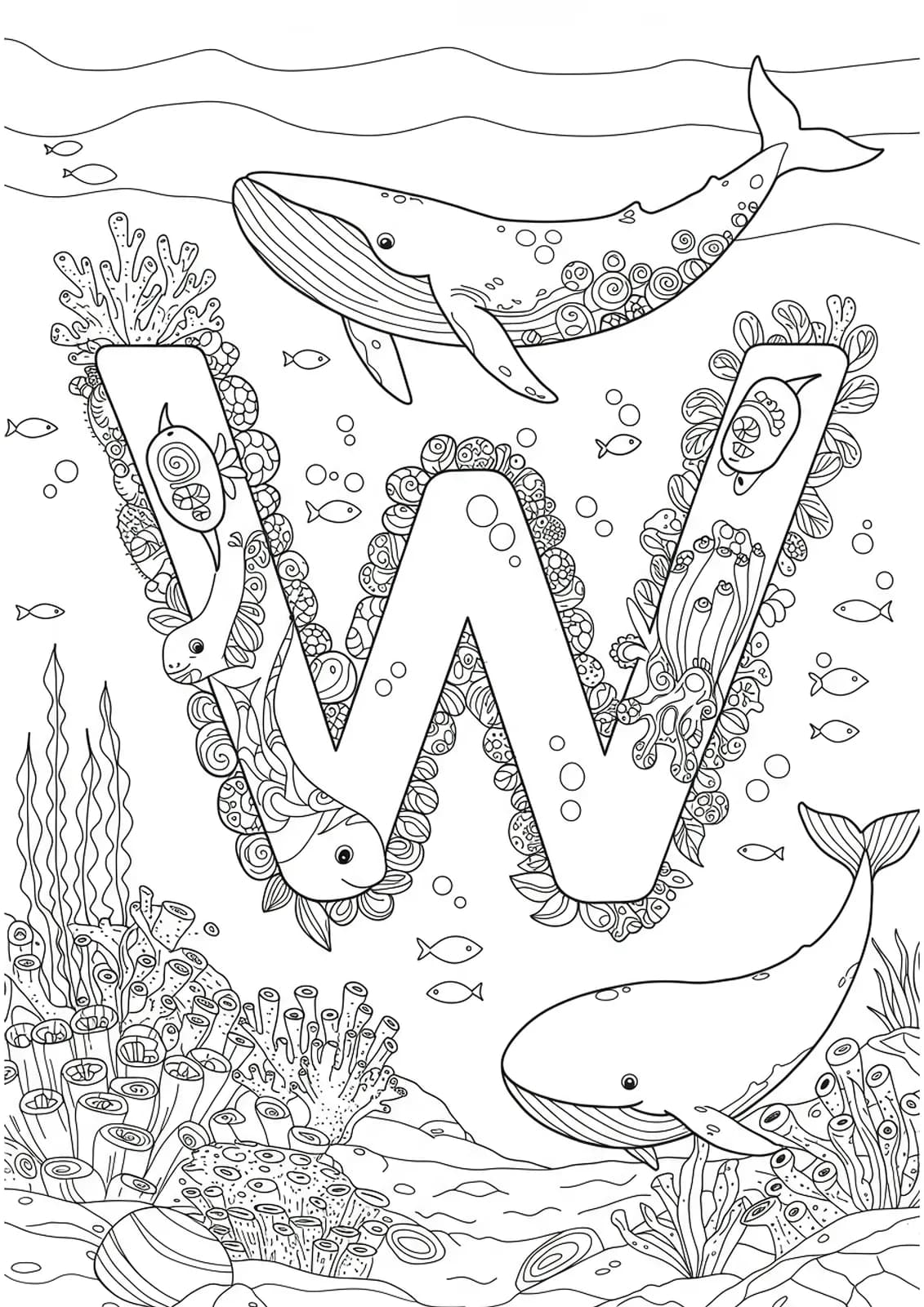 Letter W with detailed whales, fish, coral, and undersea plants in complex line art