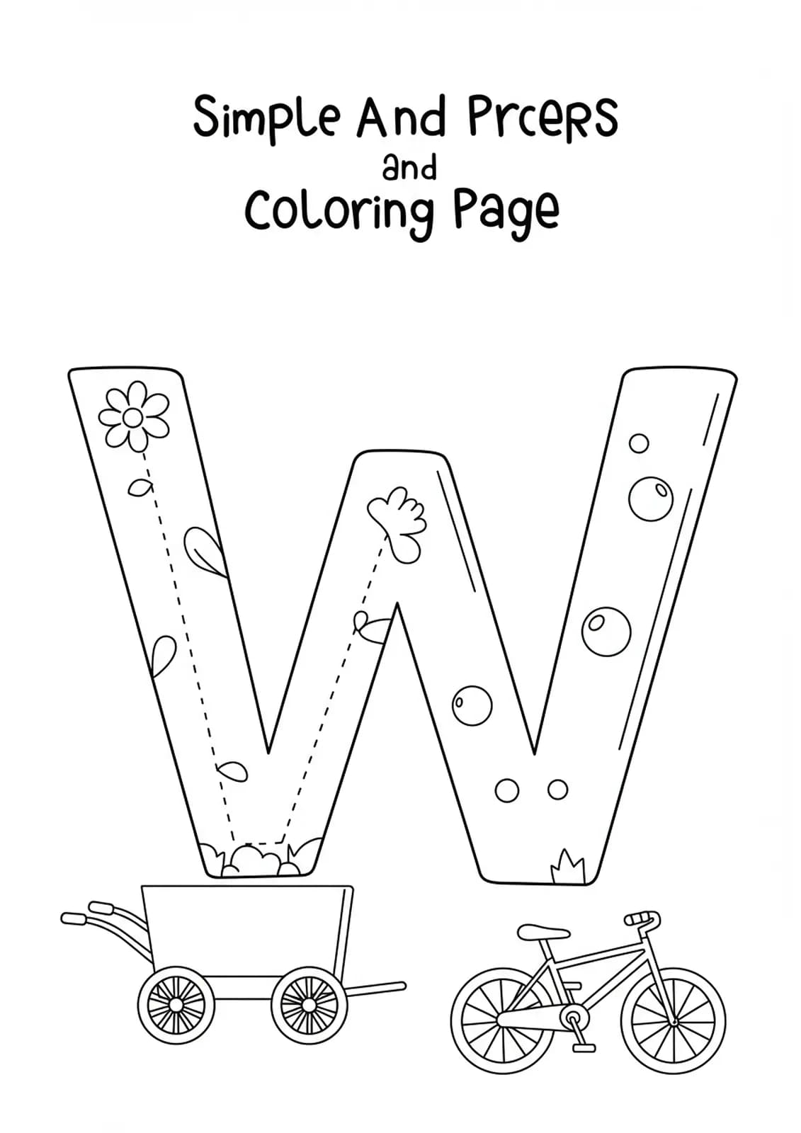 A line art coloring page with the letter W surrounded by different wheeled vehicles such as a wagon, wheelbarrow, and bicycle, medium detail for elementary.