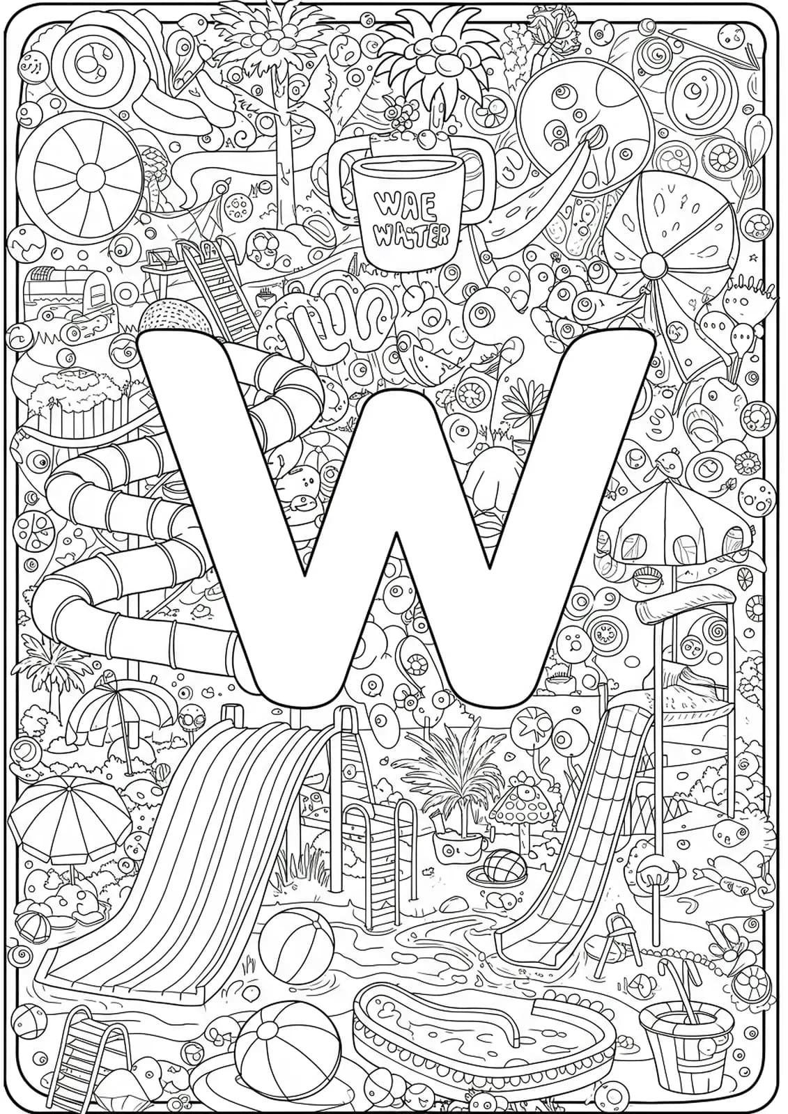 Complex letter W design with detailed water park slides, pools, and summer toys
