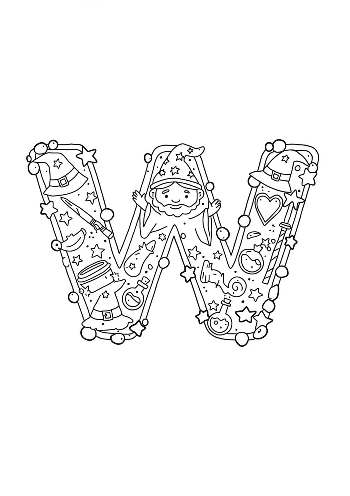 Detailed wizard-themed letter W coloring page with wands, wizard hats, potions, and stars for preschoolers.