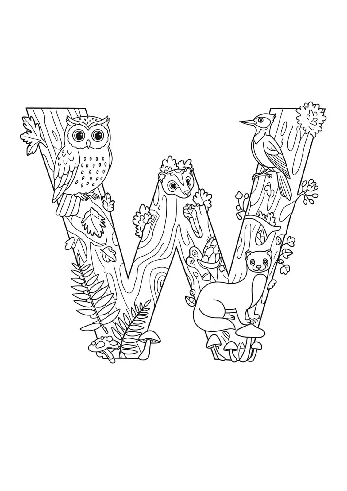 A letter W amid woodland animals, trees, mushrooms, and ferns, in a detailed forest-themed coloring page for elementary age children.