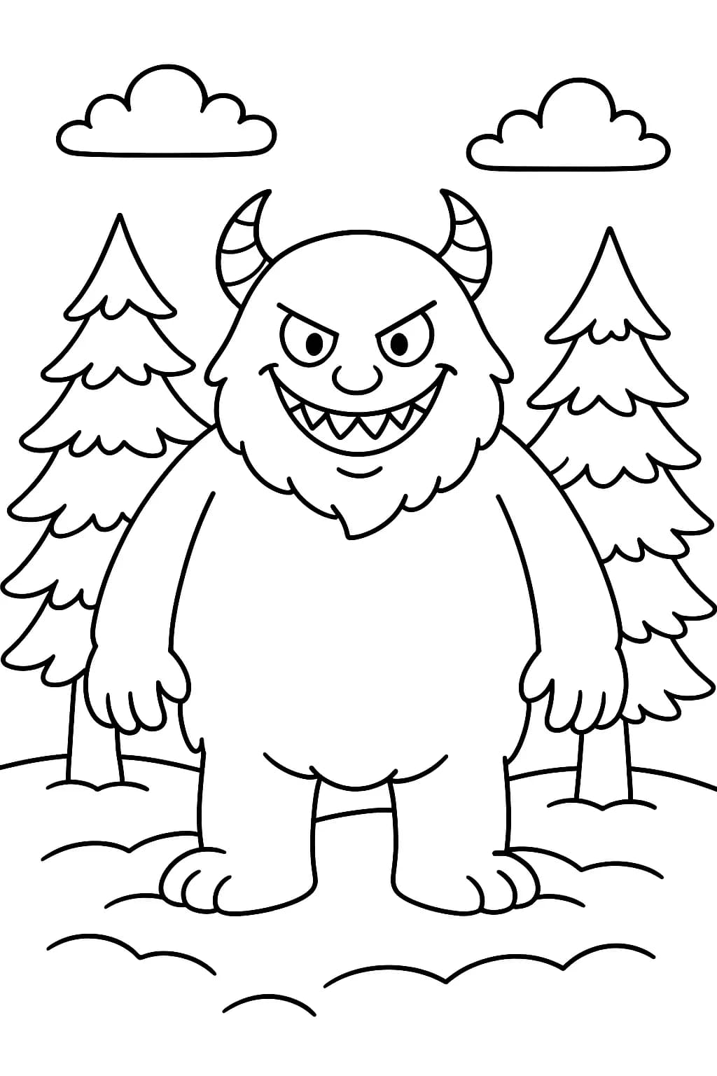 Line drawing of a wicked snow monster with a playful grin standing among snowy pine trees, easy for kids to color.