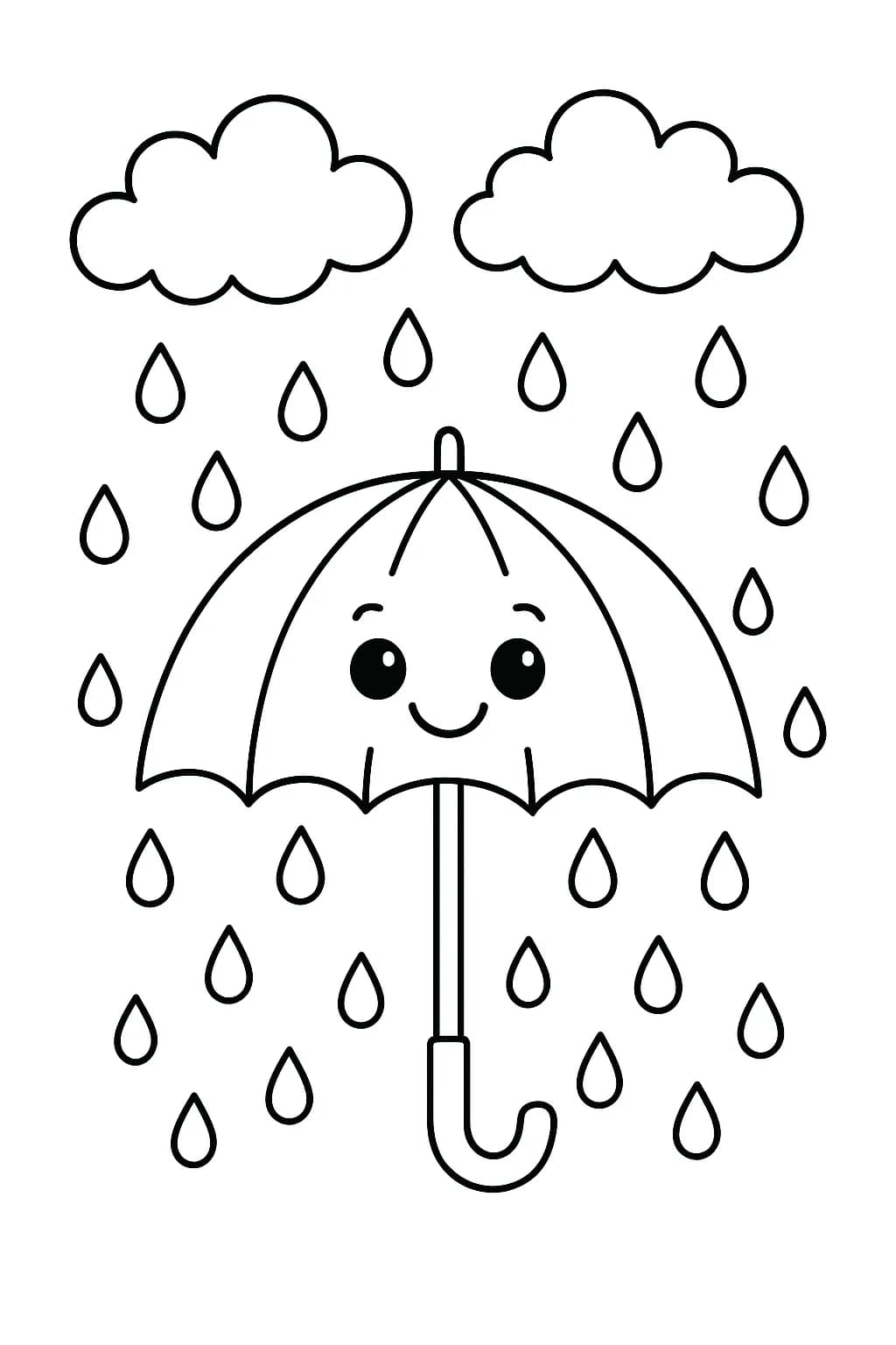 Simple coloring page with clouds, raindrops, and an umbrella for preschoolers.