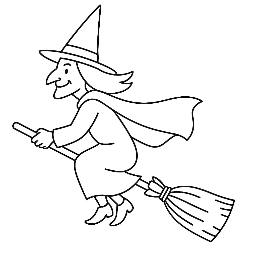 Simple line art of a wicked witch flying on a broom with a pointy hat and cape, easy for kids to color.