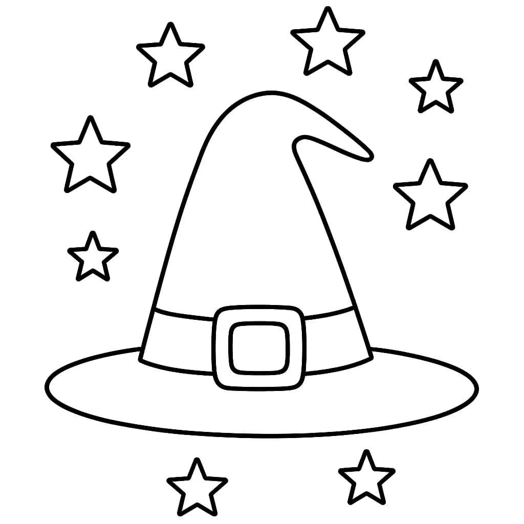 Simple coloring page of a witch's hat with stars and a buckle, easy for preschoolers.