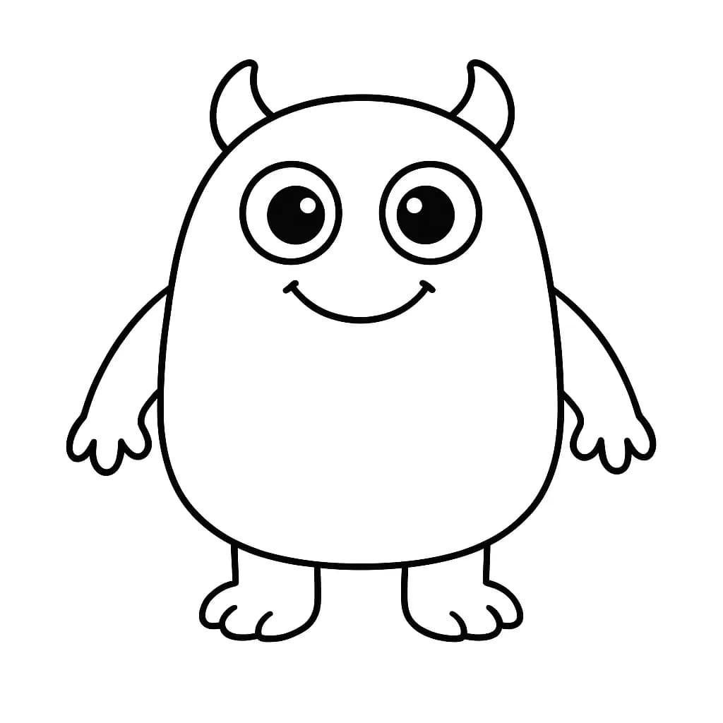 Easy coloring page of a smiling monster with big eyes and round body, suitable for preschoolers.