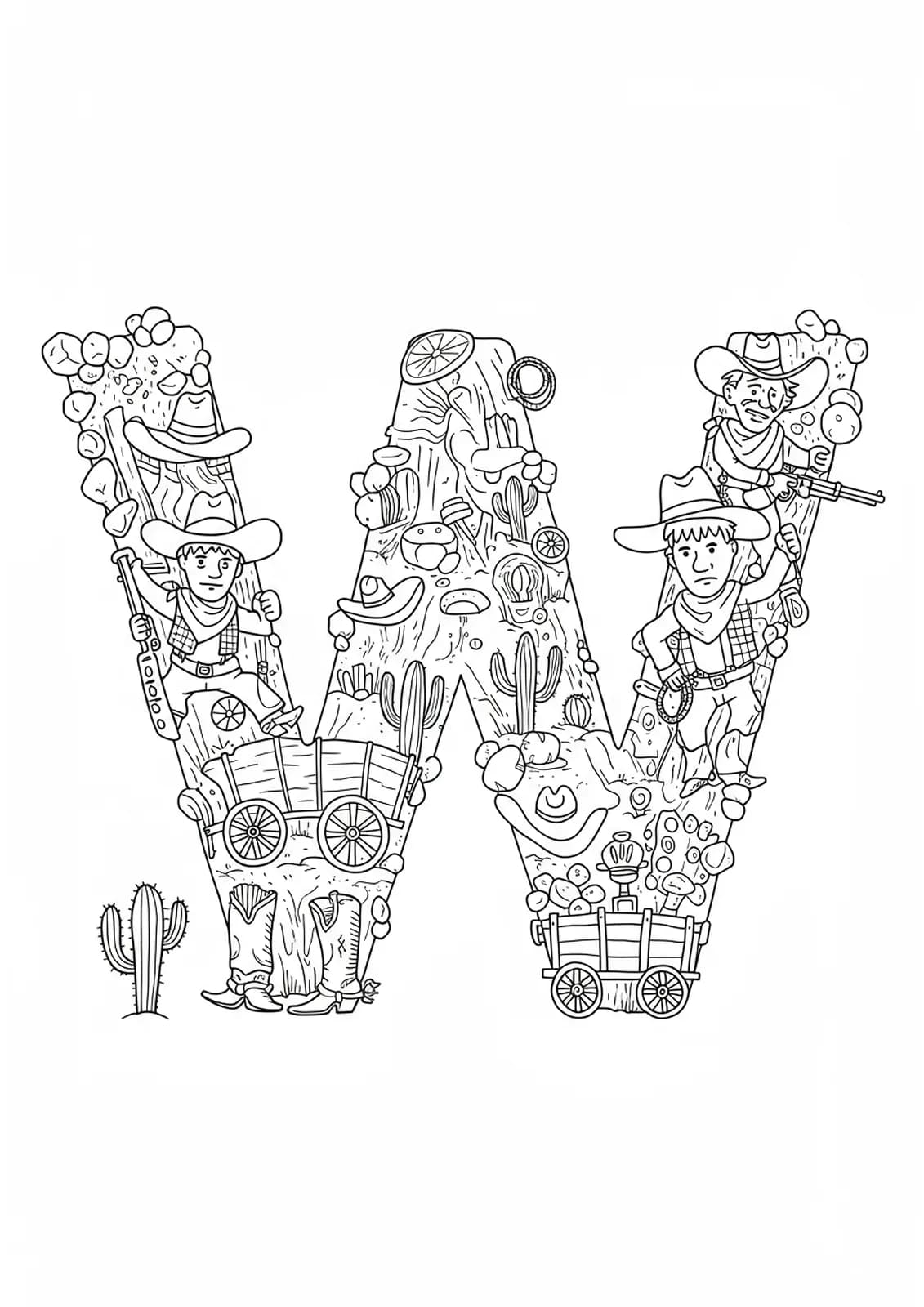Complex wild west themed letter W coloring page with cowboys, wagons, and cacti for preschoolers.