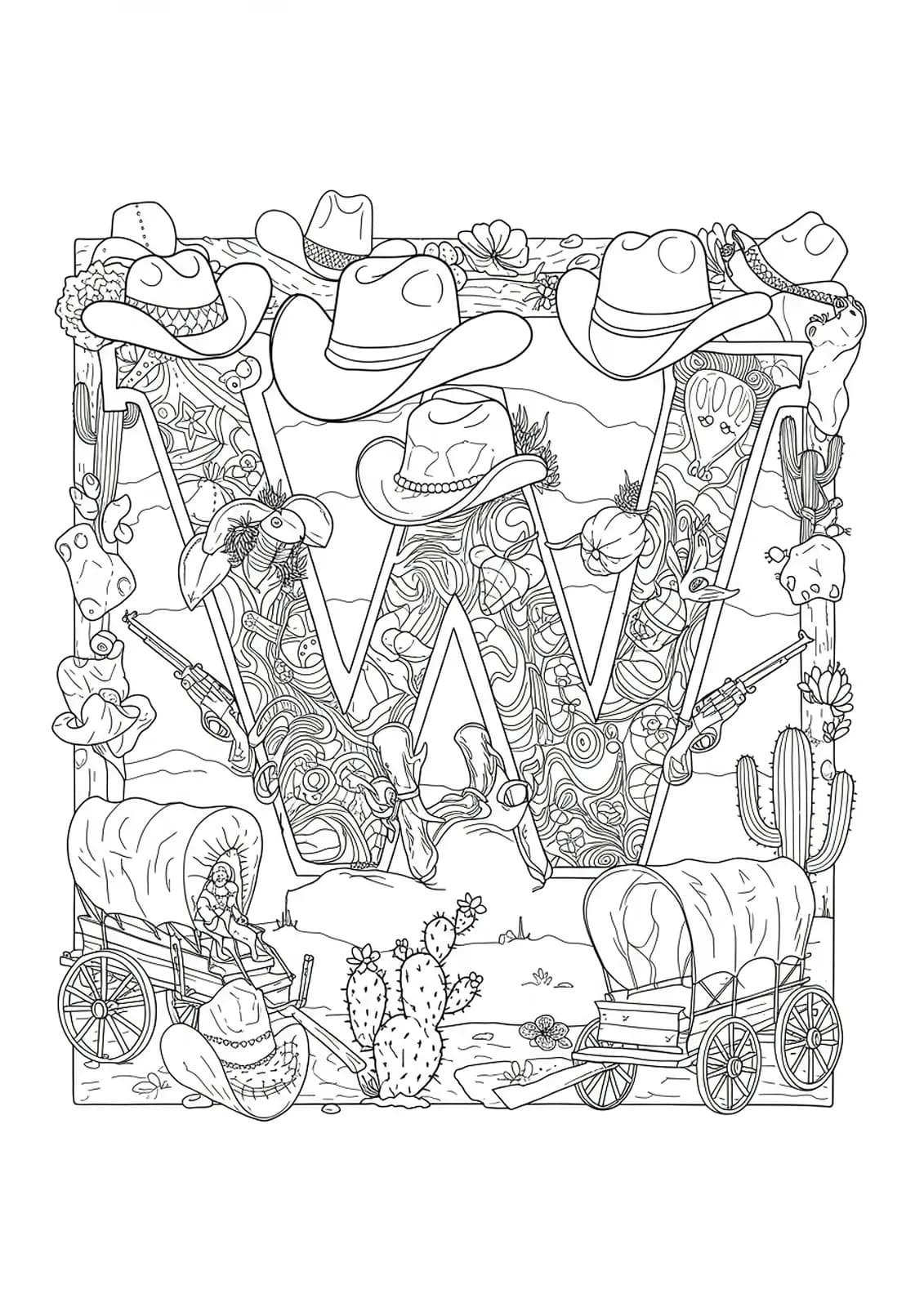 Letter W decorated with western motifs like cowboy hats, wagons, cacti, and horseshoes