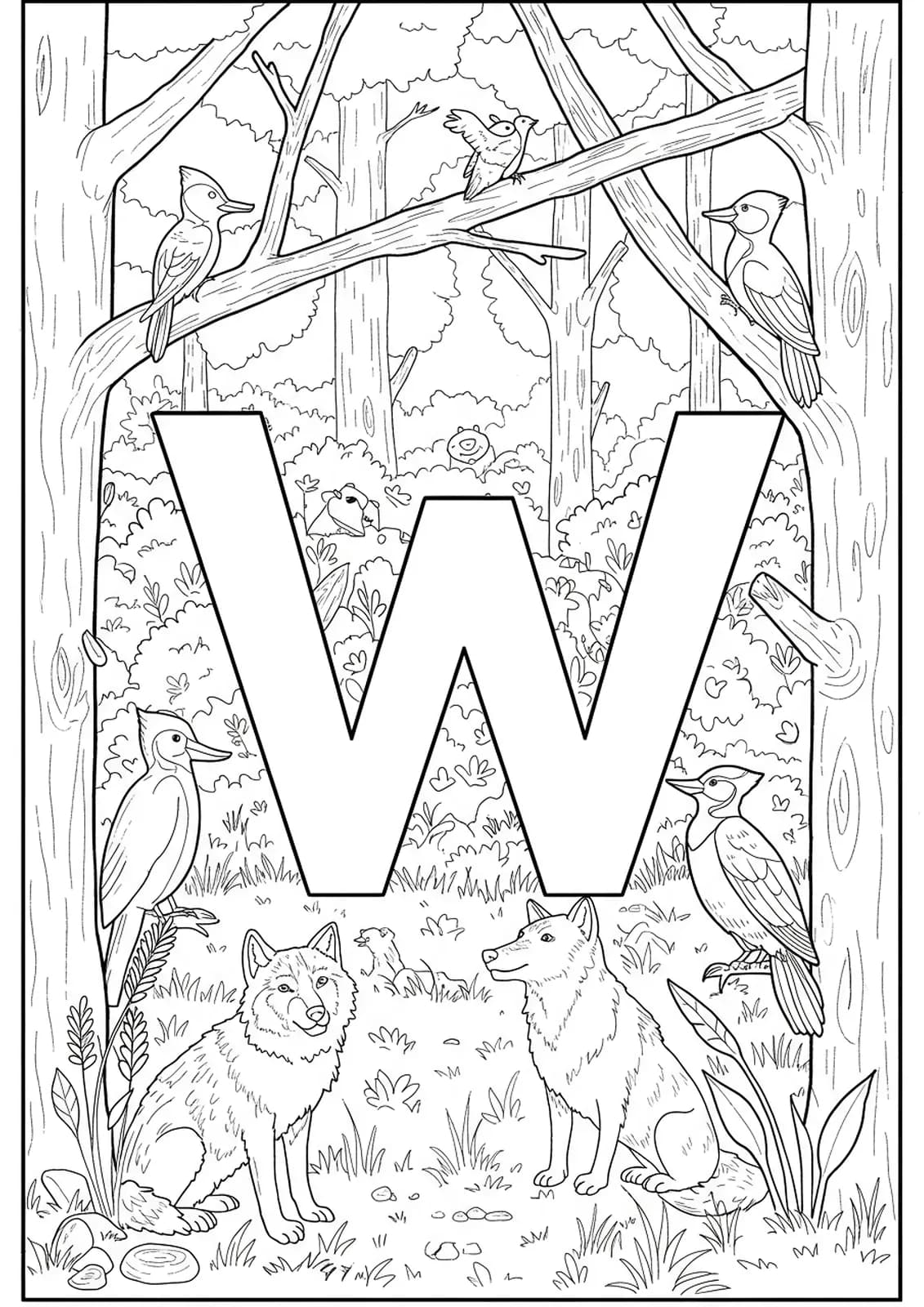 Intricate woodland animal-themed letter W coloring page with wolves, birds, and forest plants for preschoolers.