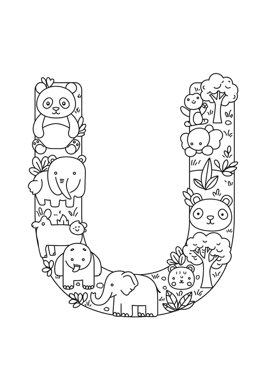 Letter U surrounded by simple animal icons like panda, elephant, and tree, easy to color.