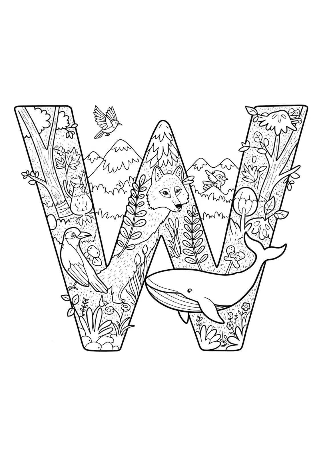 A printable coloring page showing the letter W surrounded by a wolf, whale, and warbler in a natural setting, with medium detail for elementary kids.