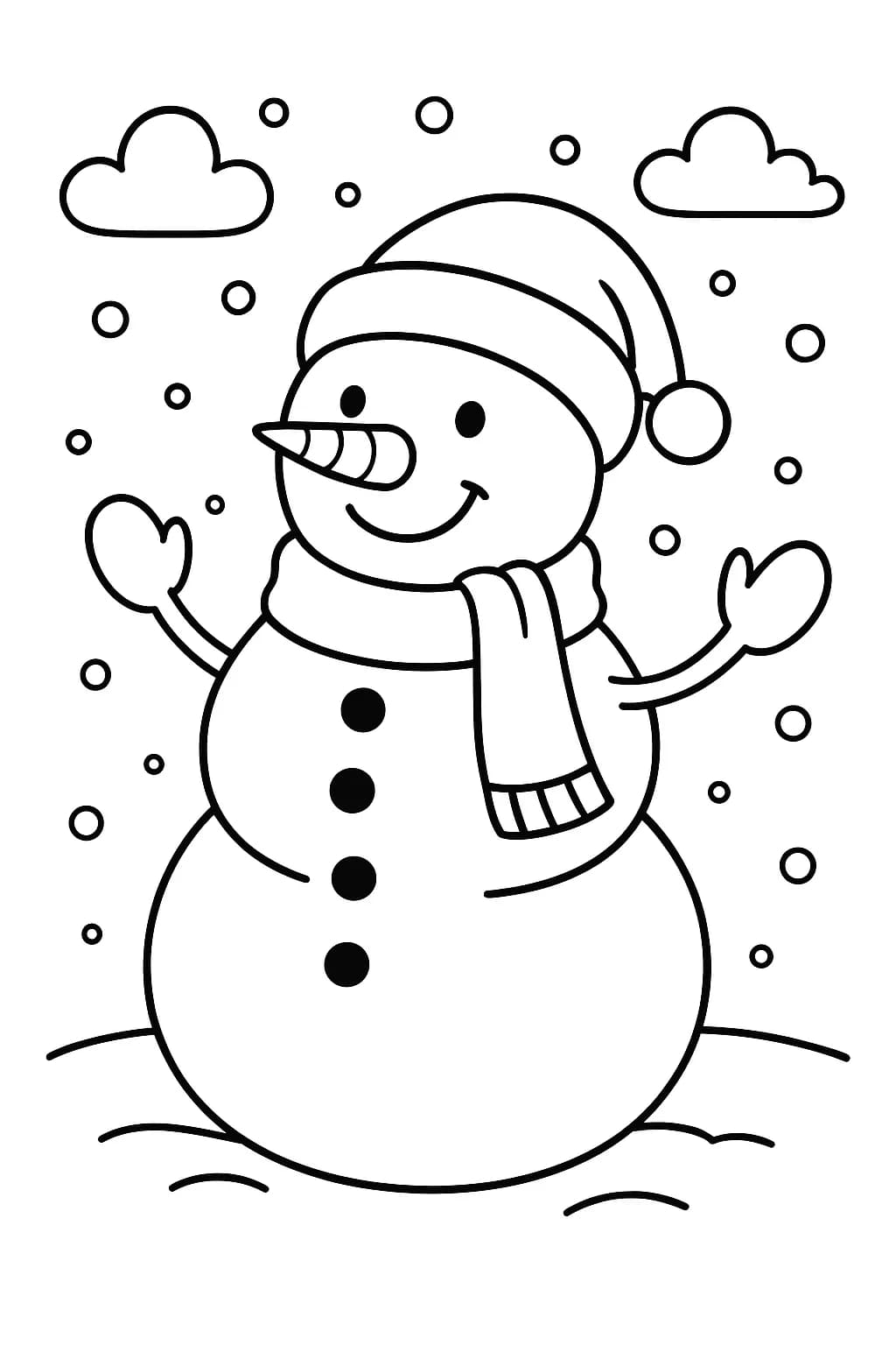 A smiling snowman with a scarf and hat, standing in the snow, outlined for coloring.
