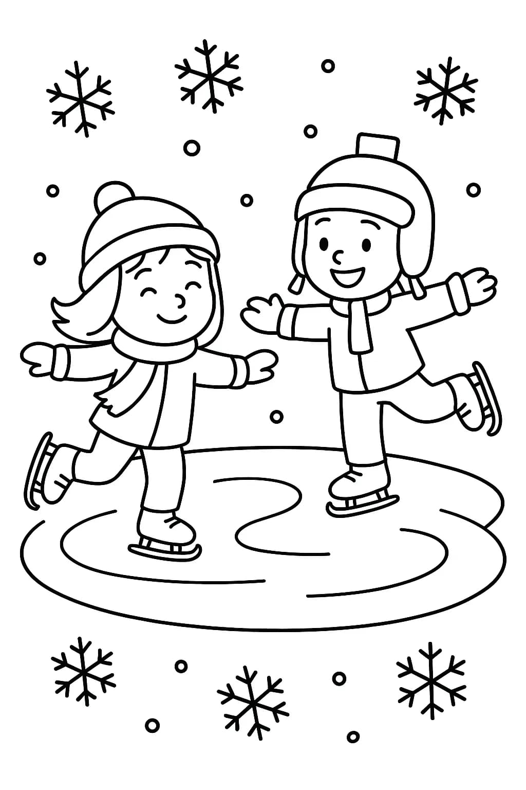 Children ice skating on a frozen pond with snowflakes falling