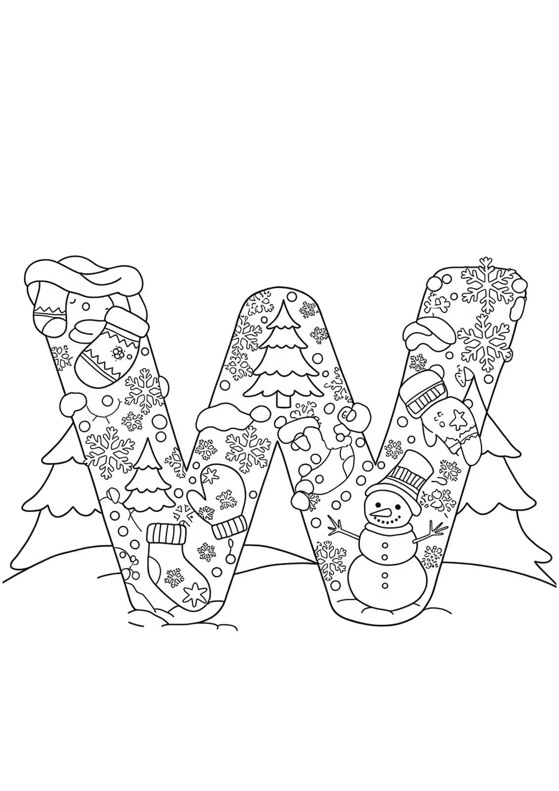 A coloring page with the letter W surrounded by snowflakes, a snowman, mittens, and winter trees, designed for elementary students with medium detail.