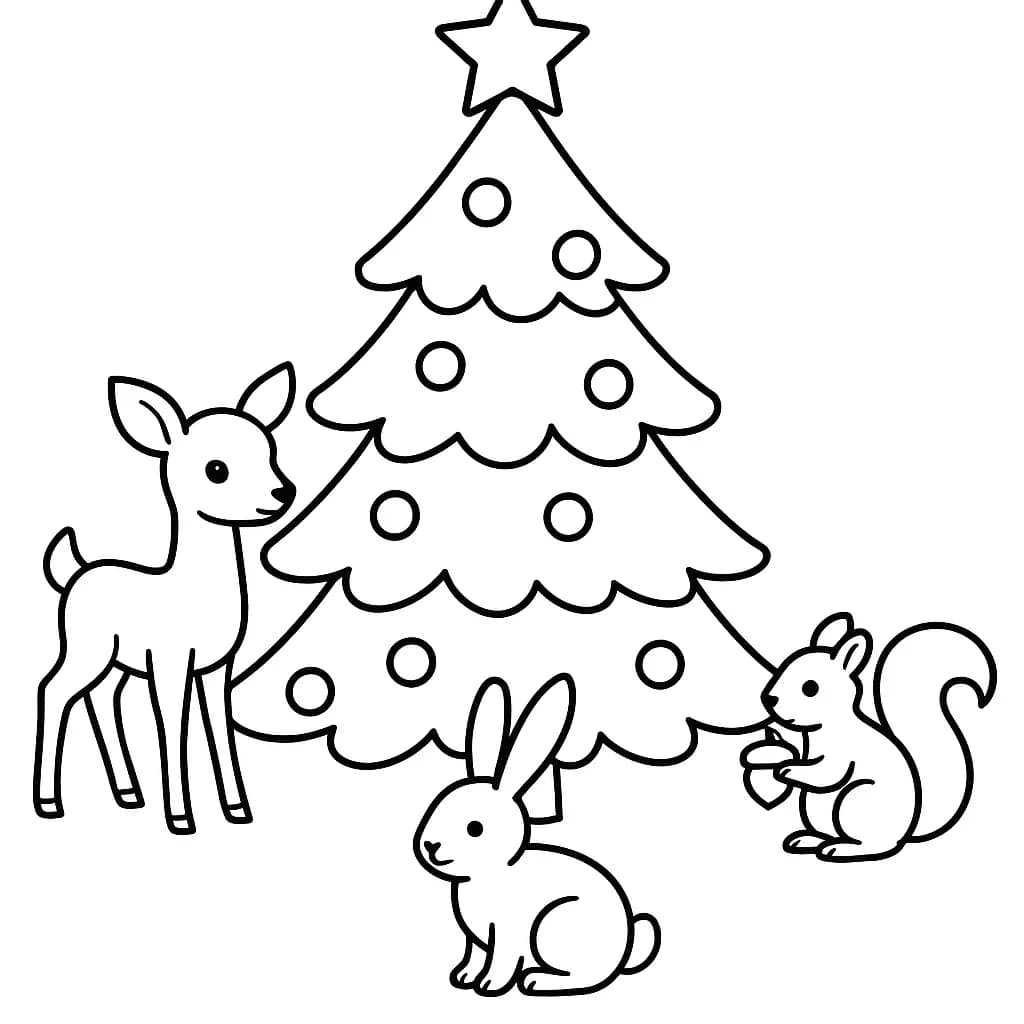 Simple coloring page of a Christmas tree surrounded by woodland animals like deer and rabbits