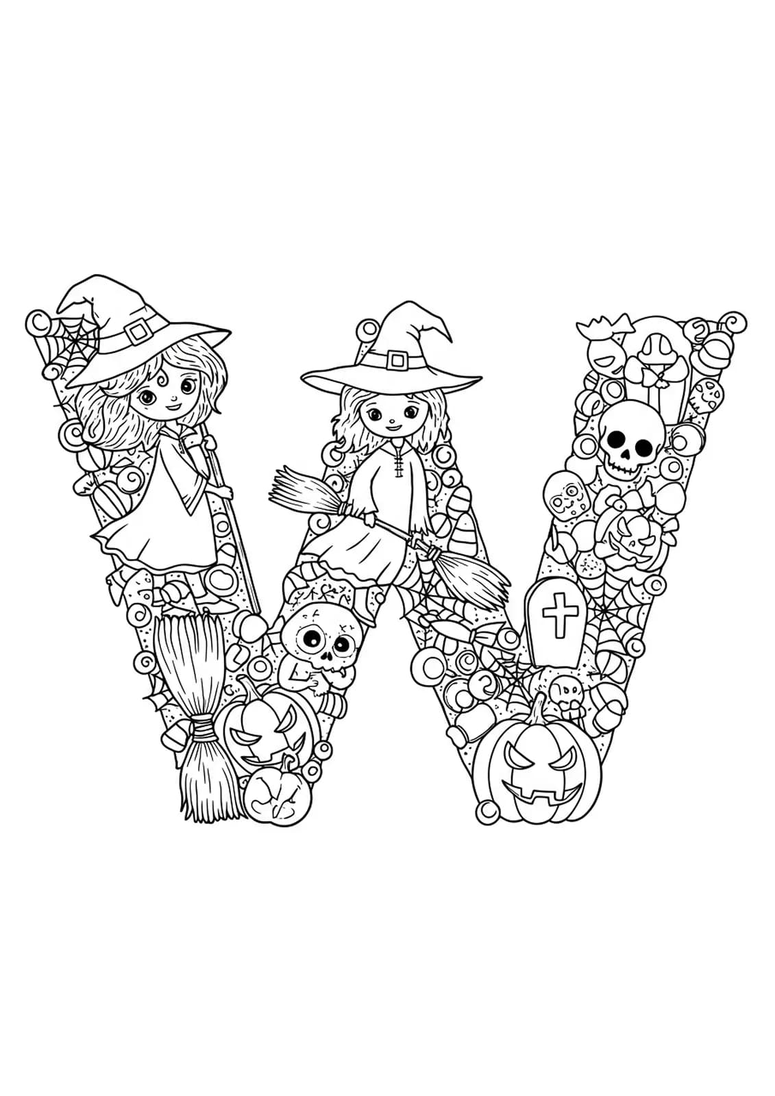 Detailed Halloween-themed letter W coloring page with witches, webs, pumpkins, and bats for preschoolers.