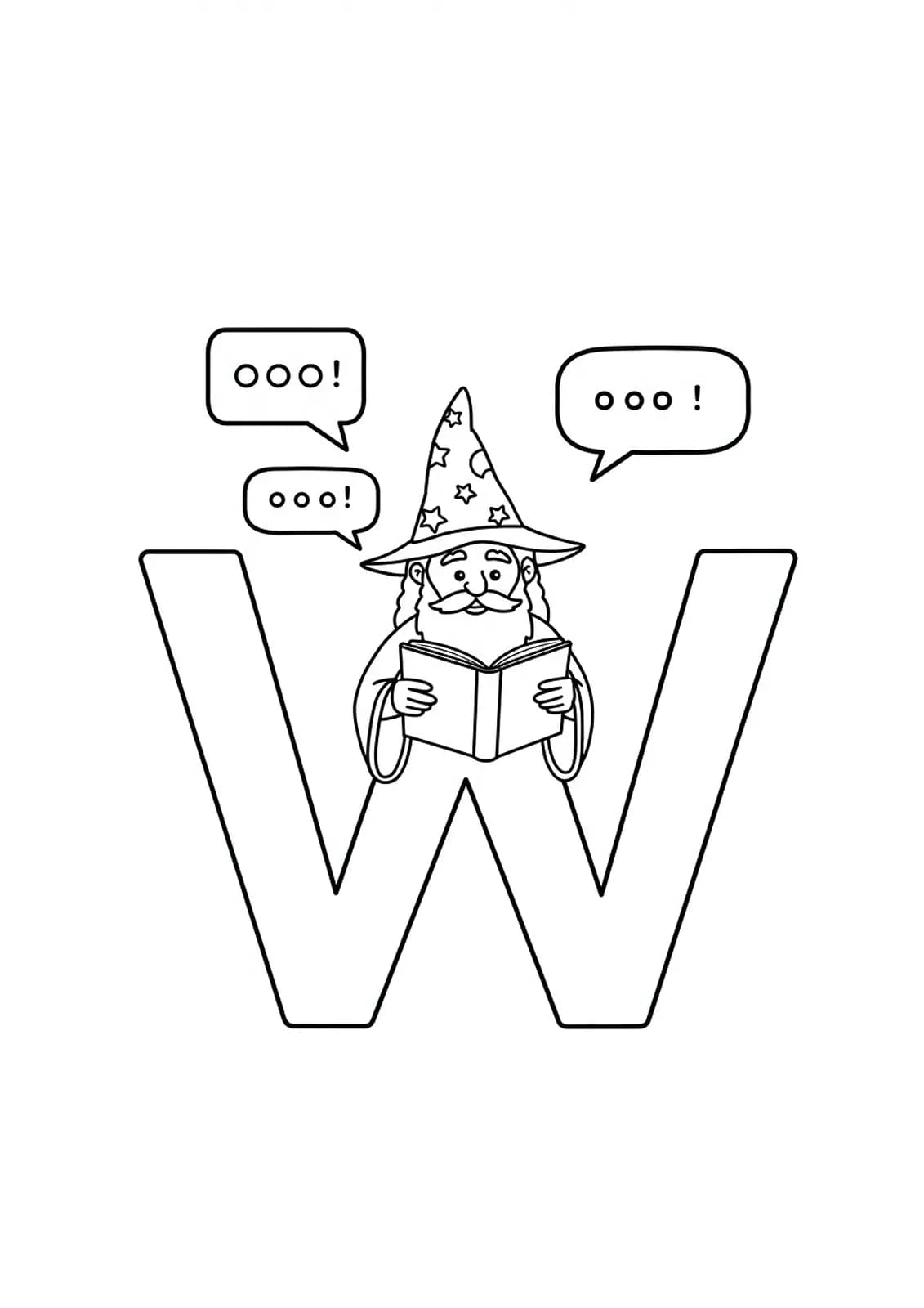 A coloring page with the letter W, books, a reading wizard, and word bubbles, medium complexity line art for elementary children.