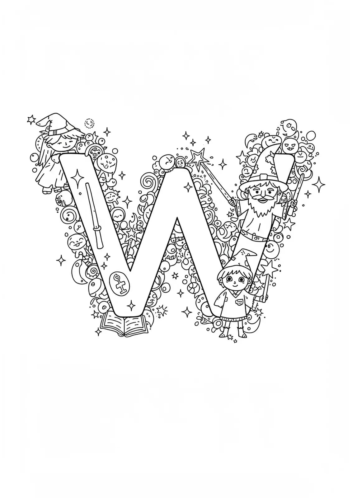 Letter W with wizards, wands, sparkles, and magical elements in complex line art