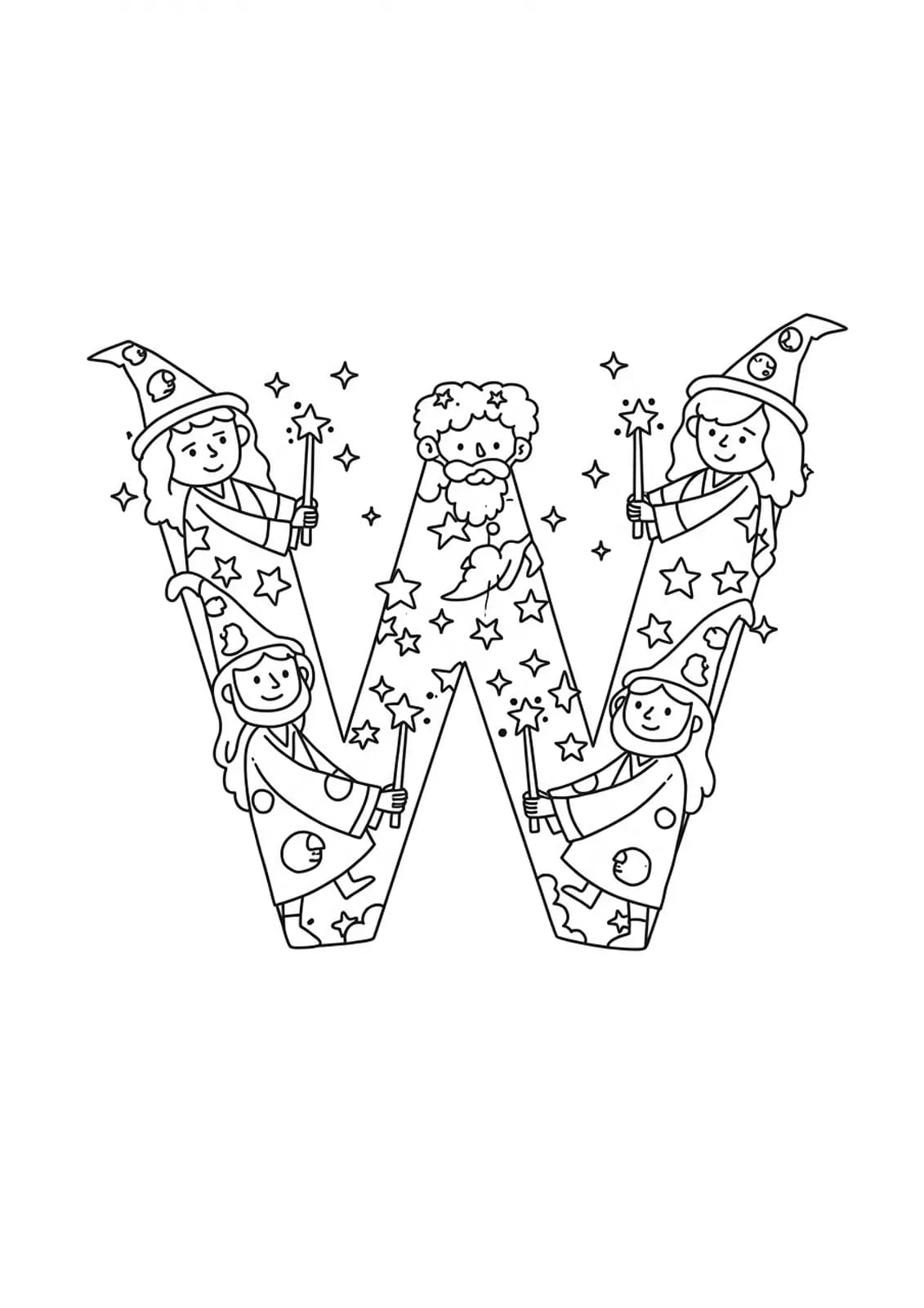 A large letter W with wizards, wands, and magical stars around it, in a medium-detailed fantasy coloring page for elementary kids.