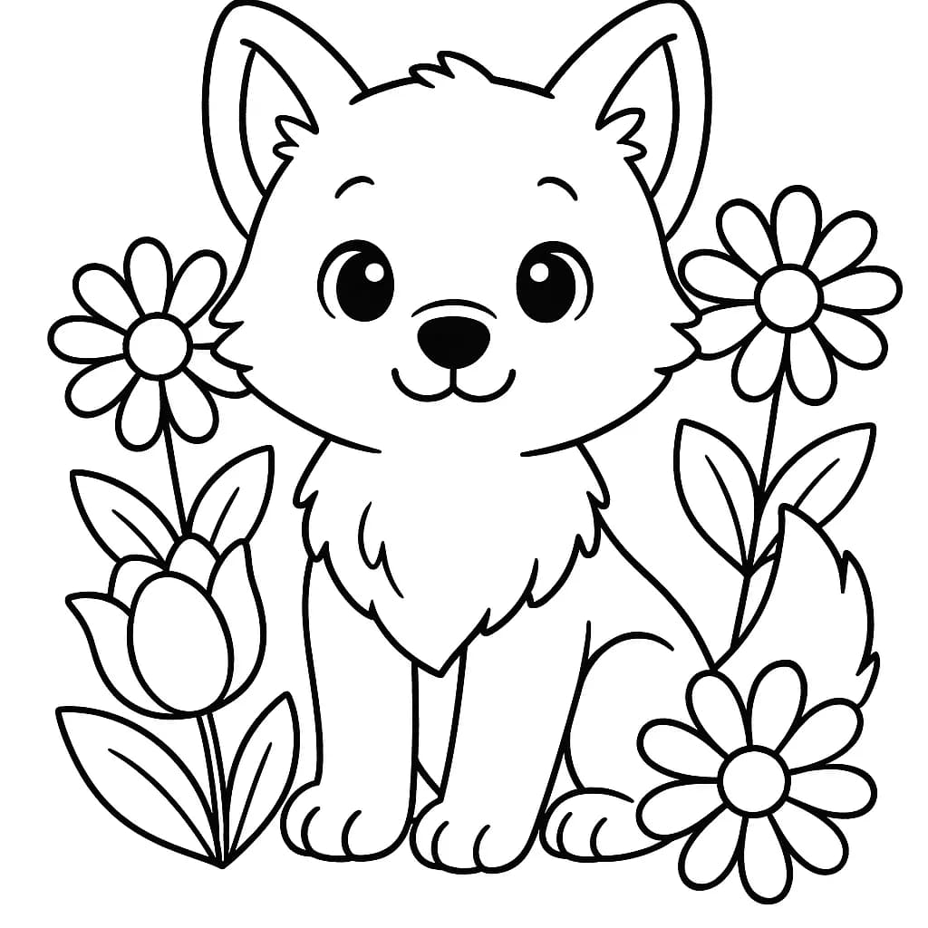 Coloring page of a cute wolf sitting among large spring flowers, easy for preschoolers.