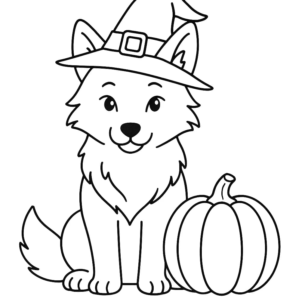 Simple Halloween coloring page of a wolf wearing a witch hat and sitting by a pumpkin.