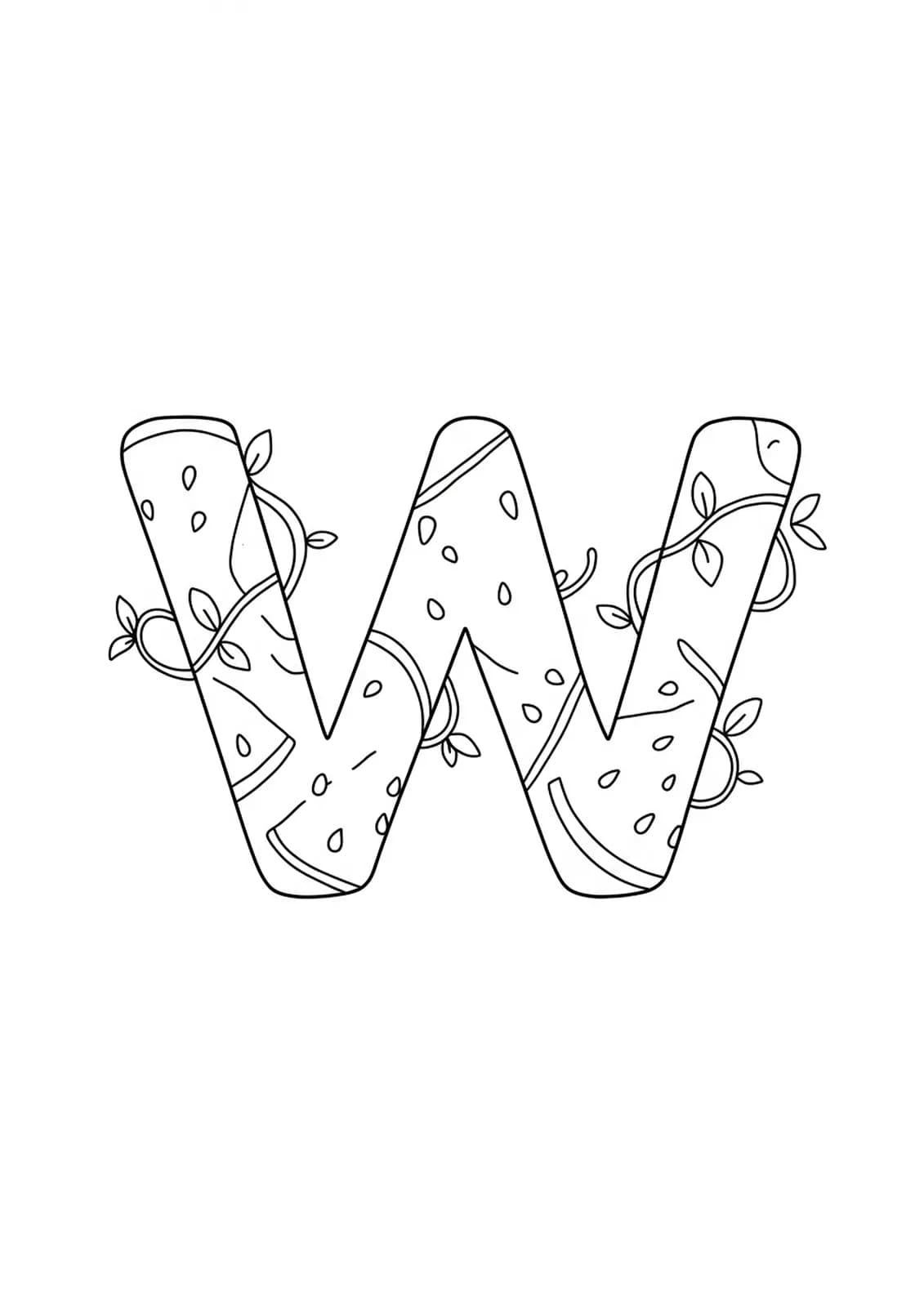 A coloring page with the letter W decorated with watermelon slices, seeds, and vines, in a medium-detail style for elementary kids.