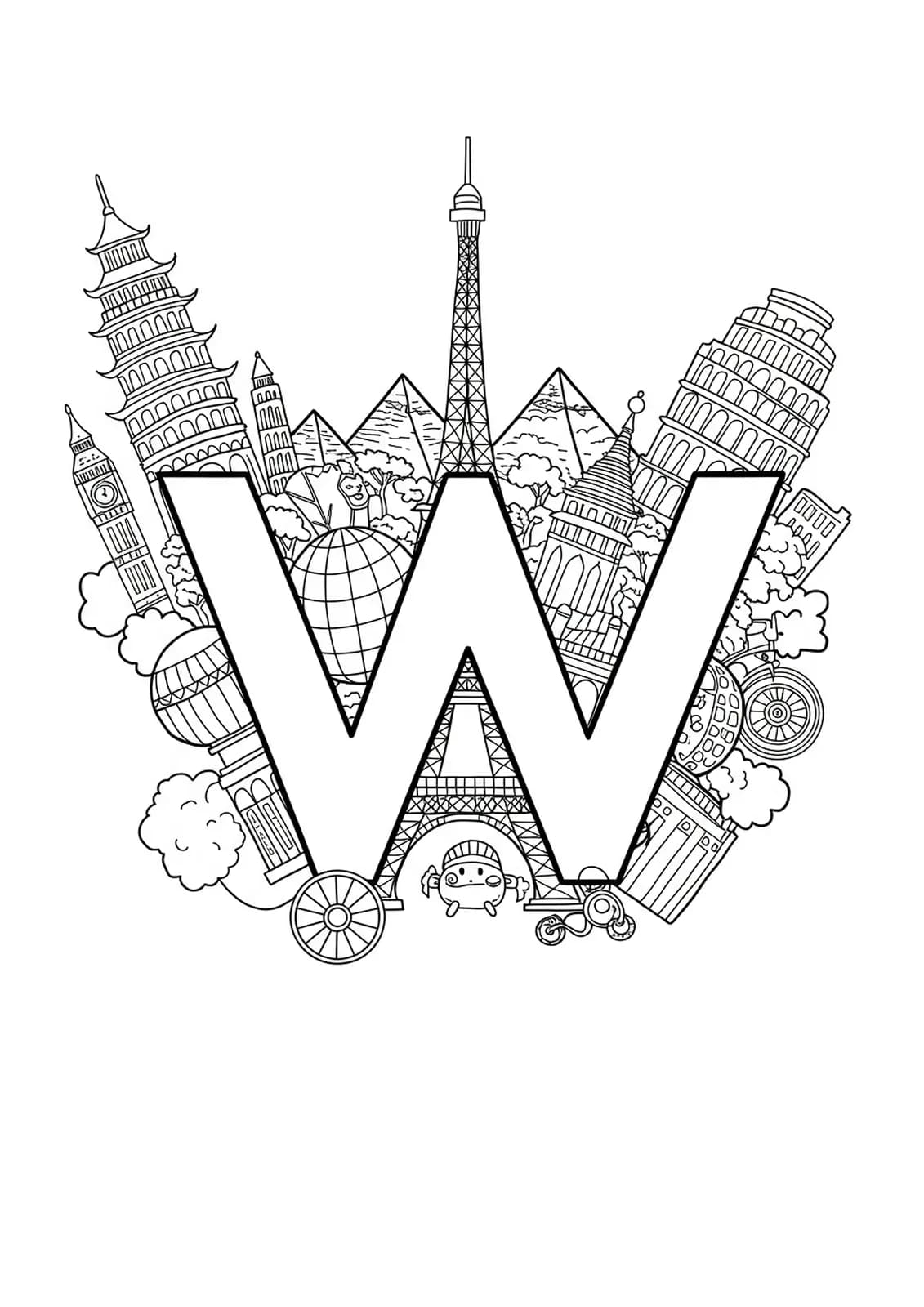Letter W with detailed drawings of world landmarks like Eiffel Tower, pyramids, and pagodas
