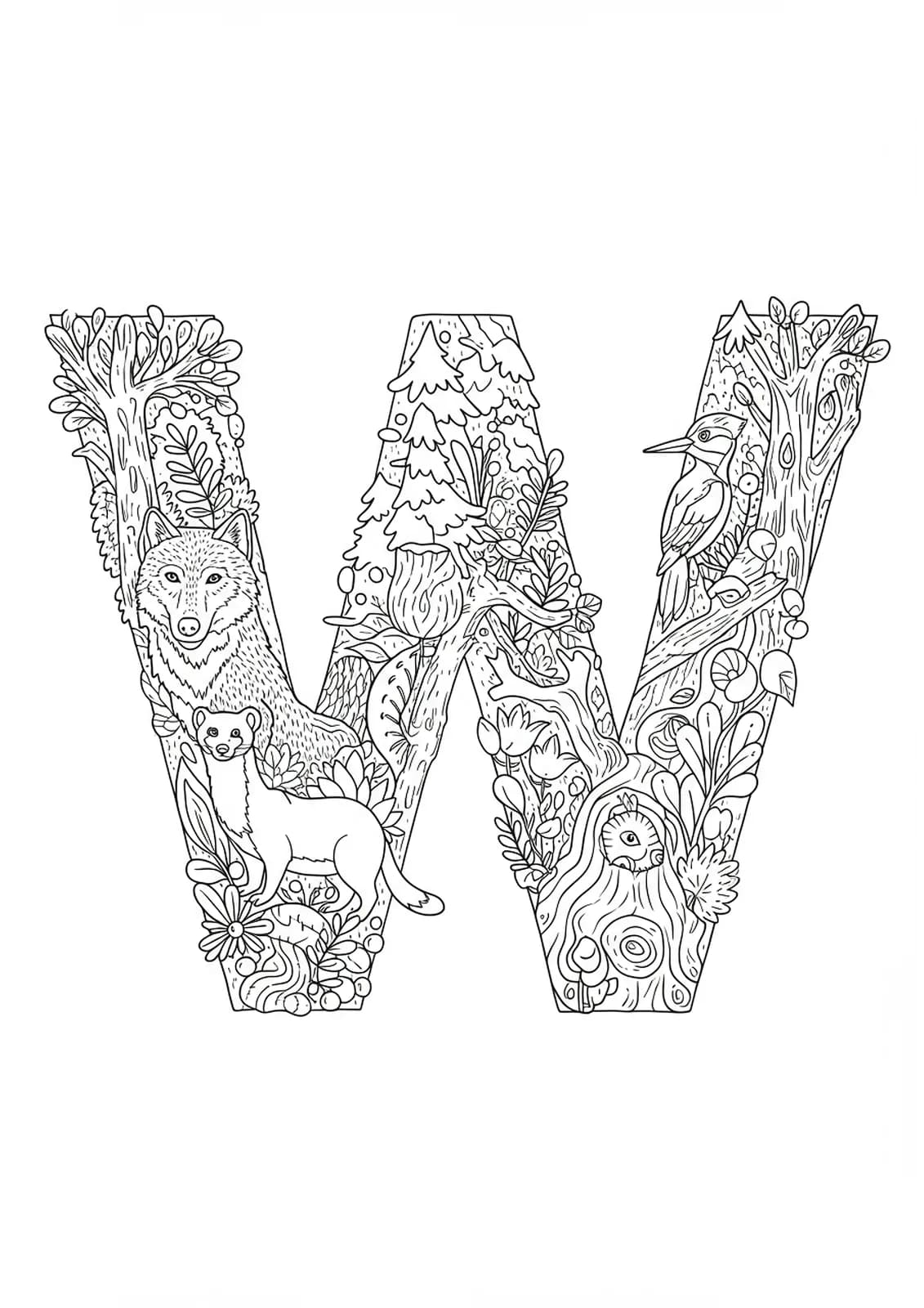 Detailed letter W surrounded by woodland animals, trees, and leaves, intricate line art