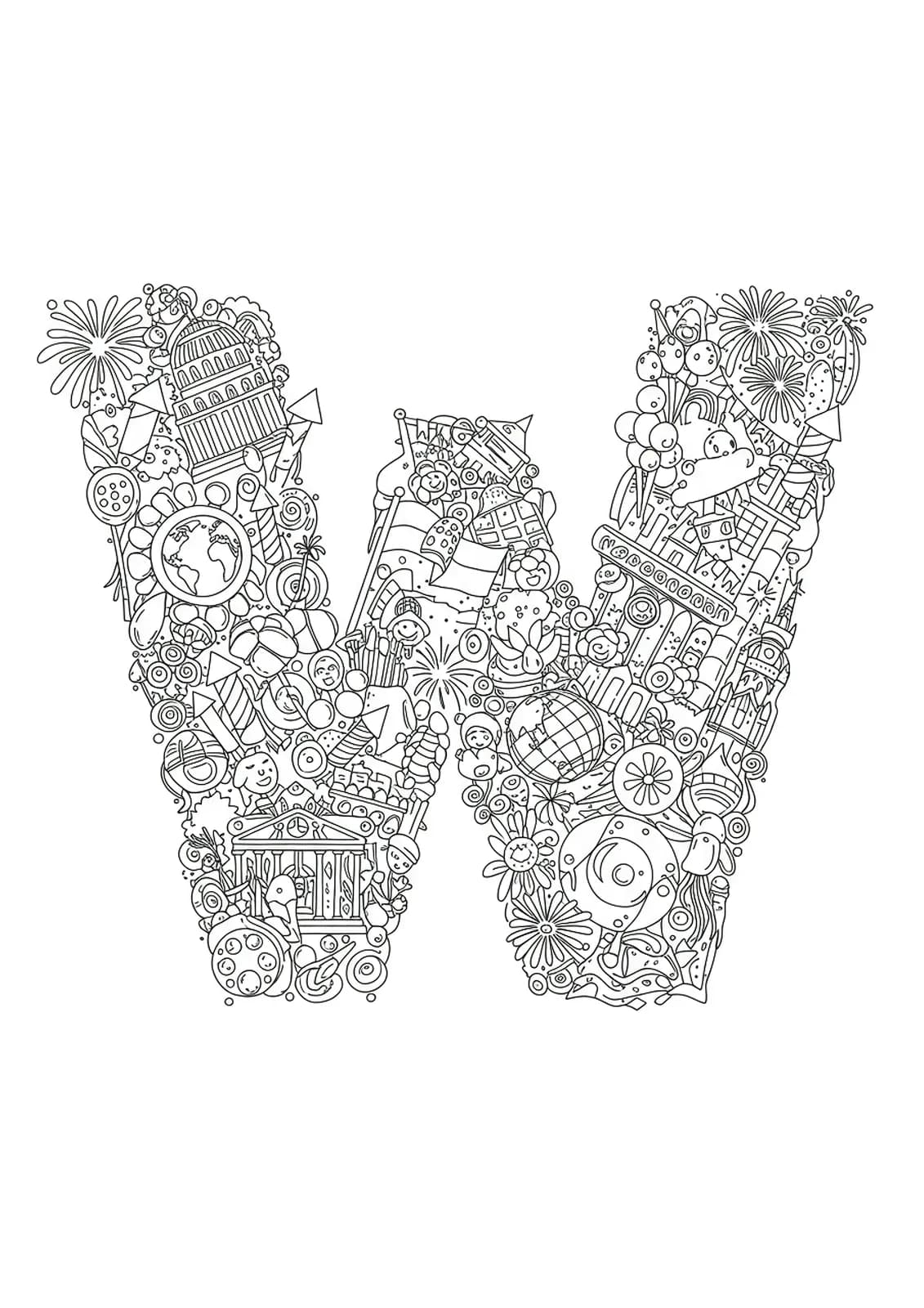 Detailed celebration-themed letter W coloring page with flags, fireworks, and monuments for preschoolers.