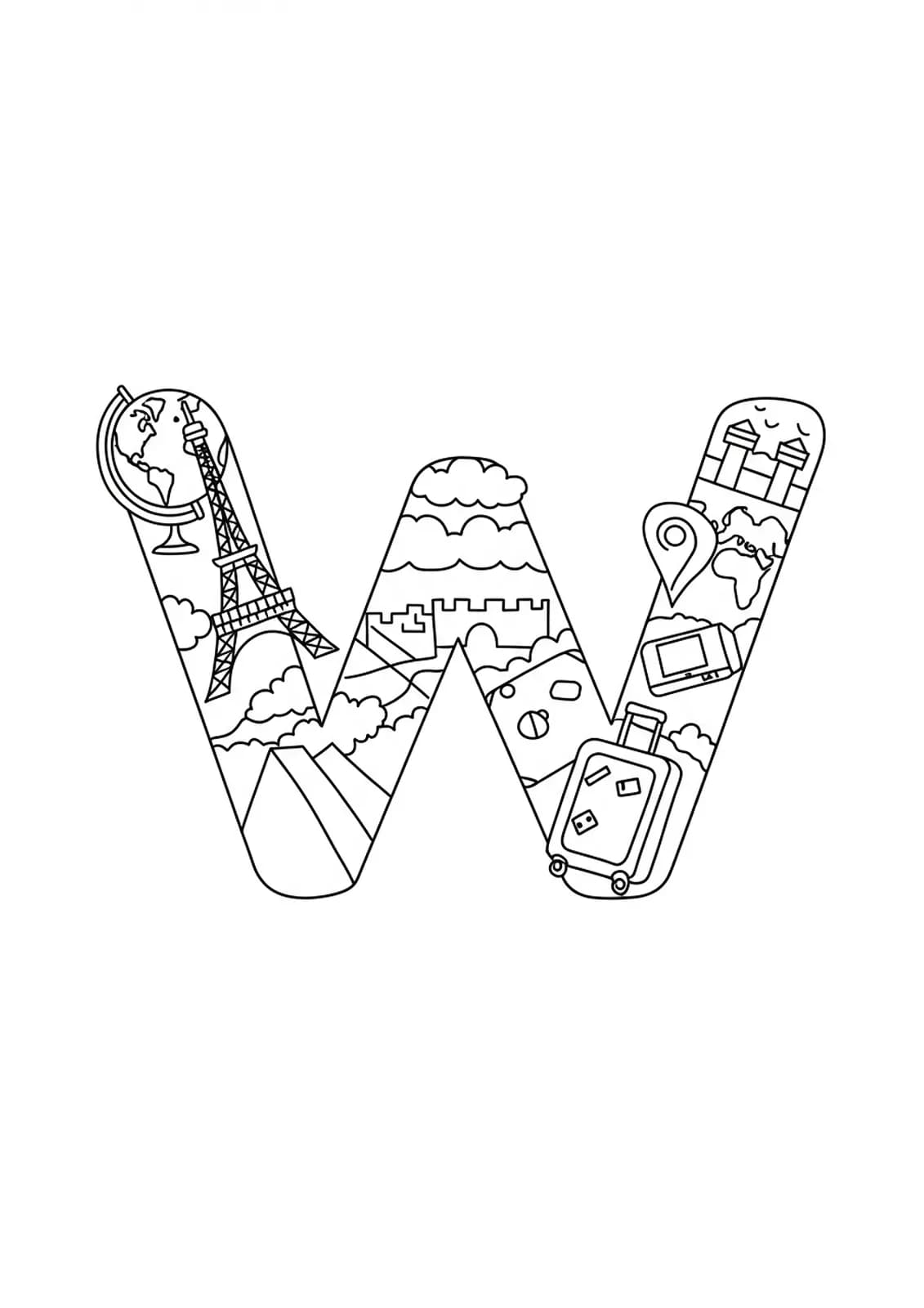 Letter W center stage with a globe, international landmarks, and travel icons, in a moderately detailed coloring page for elementary kids.