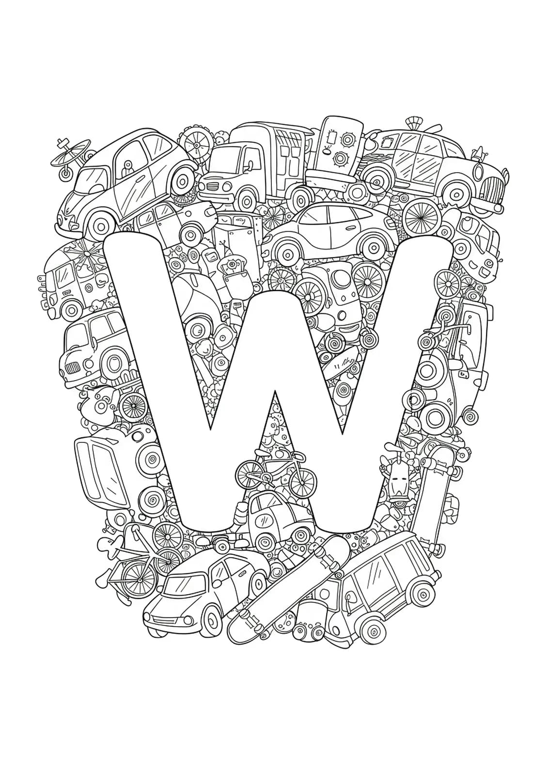 Letter W with detailed vehicles like cars, bikes, trucks, and skateboards in intricate line art