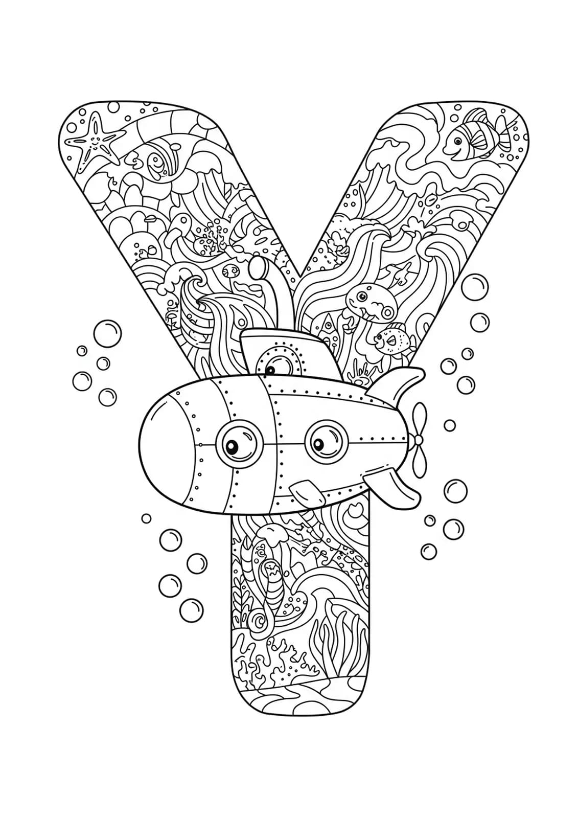 Letter Y with a detailed submarine, ocean waves, fish, and bubbles in a complex line art design