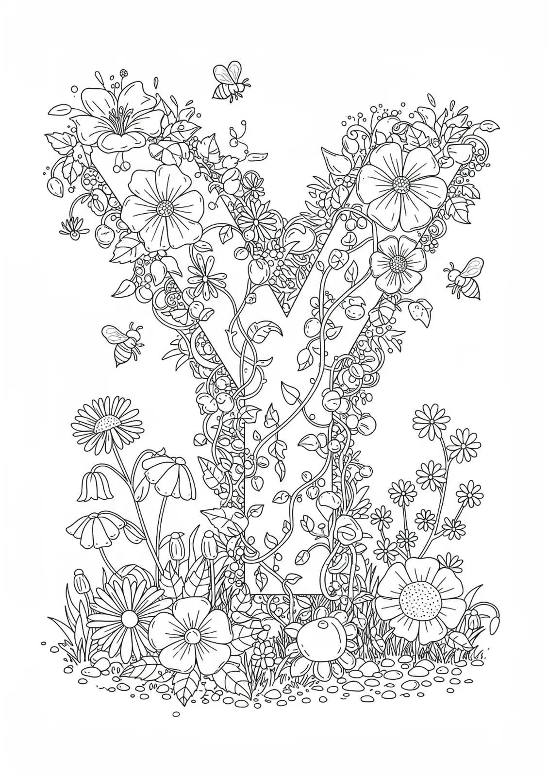 Letter Y surrounded by detailed garden plants, flowers, bees, and vines, with intricate nature patterns