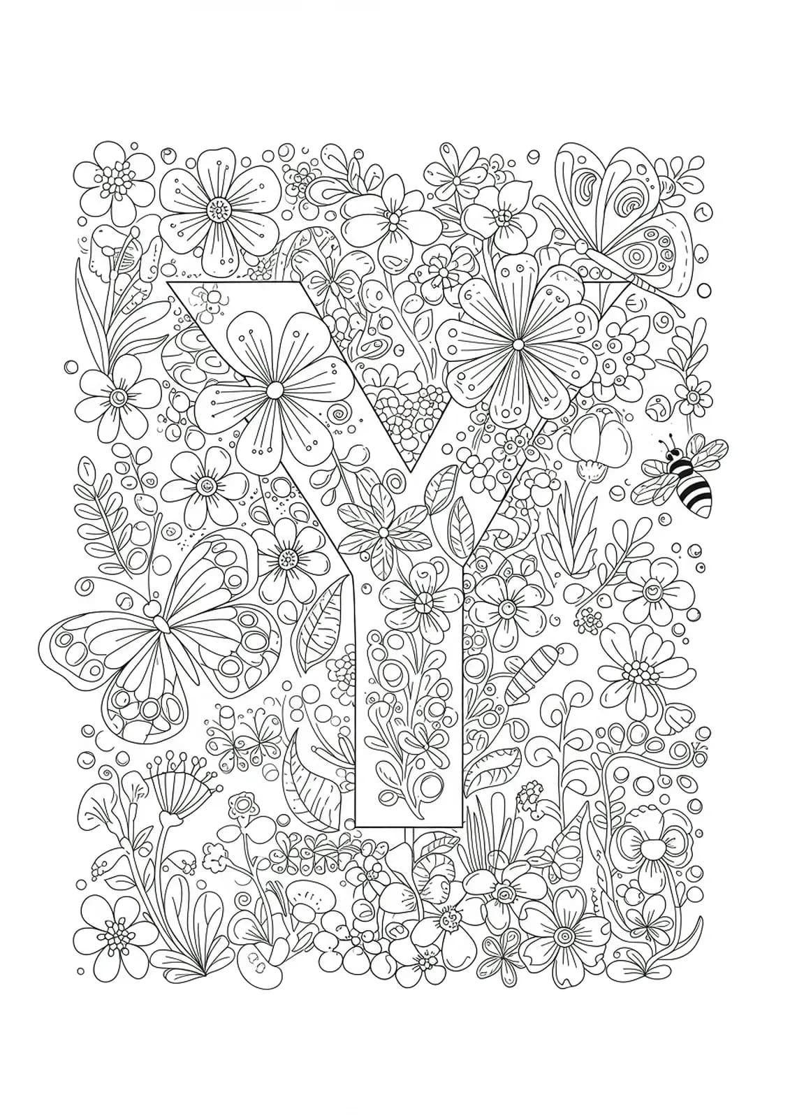 Letter Y with spring flowers, butterflies, bees, and detailed garden patterns in black and white