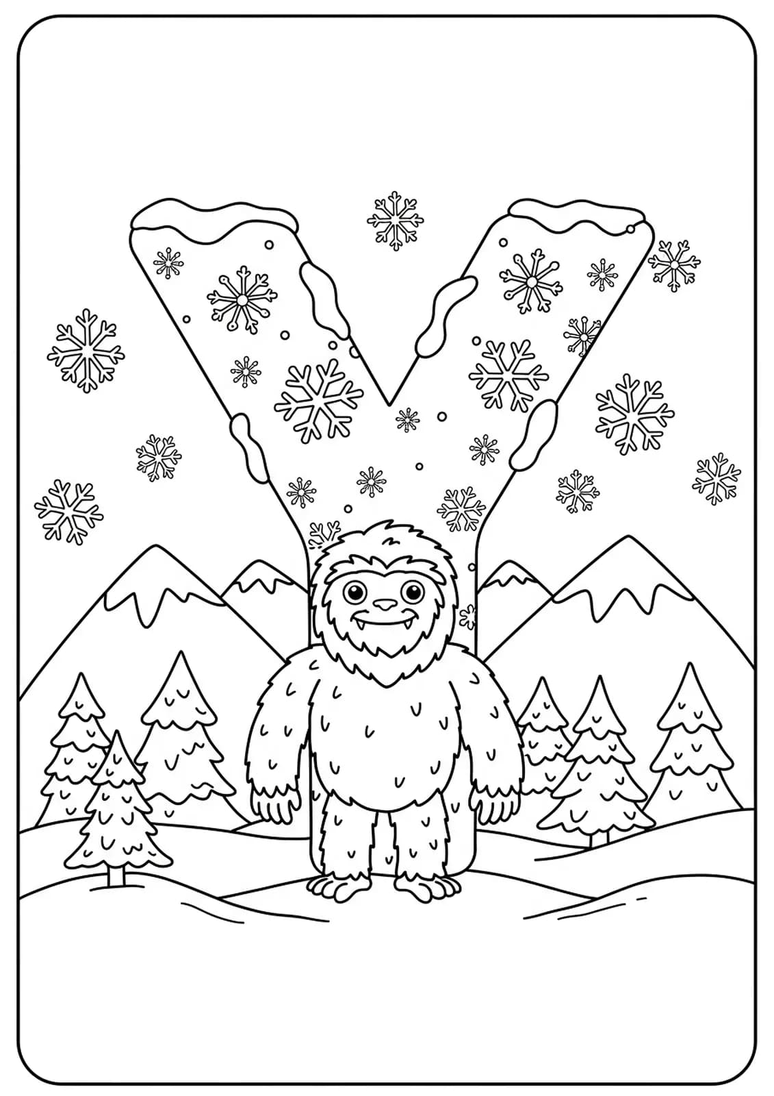 Letter Y with yeti character, snowflakes, mountains, and winter scenery in detailed line art