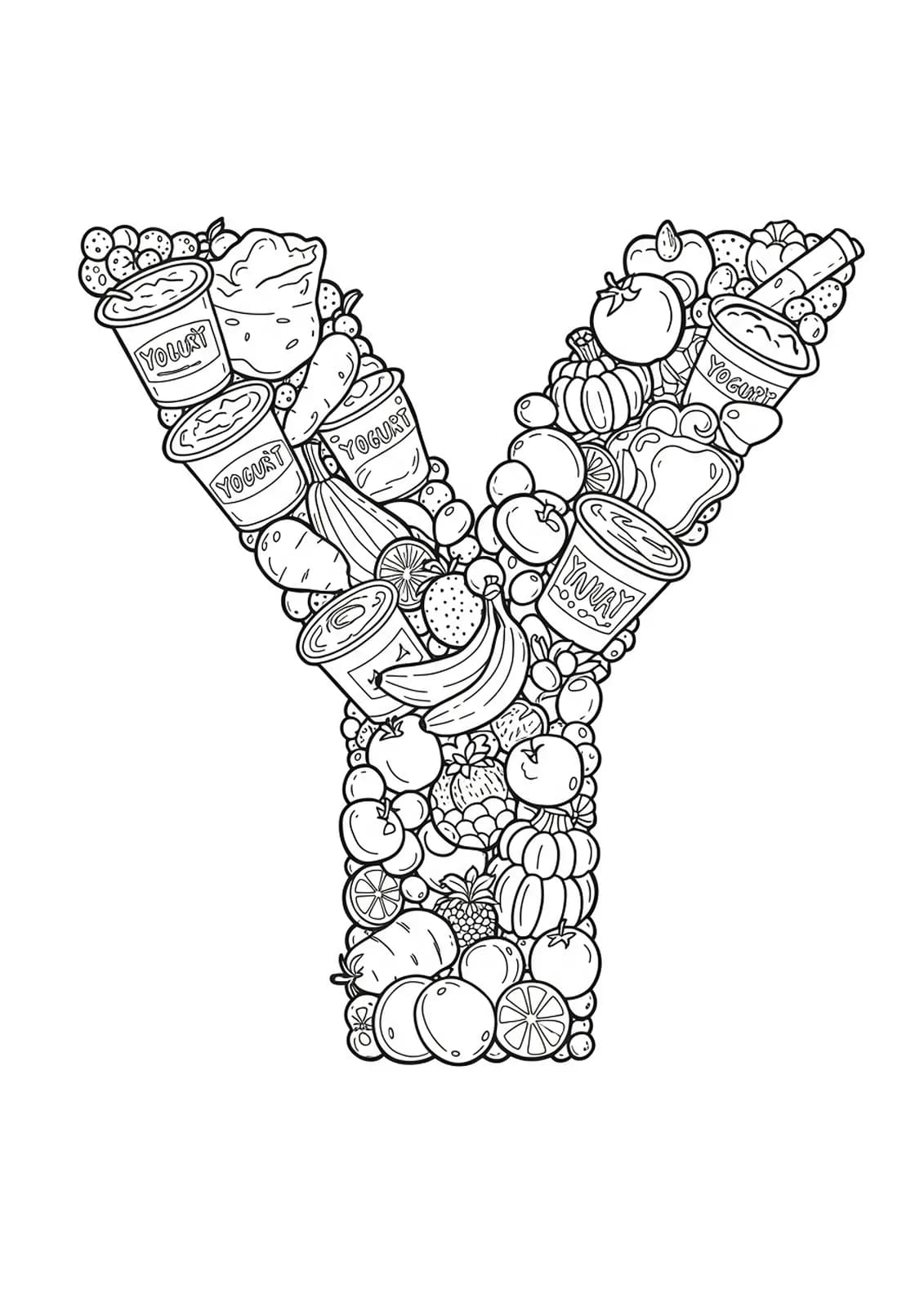 Letter Y filled with detailed drawings of yogurt, yams, yellow foods, and food patterns for preschoolers