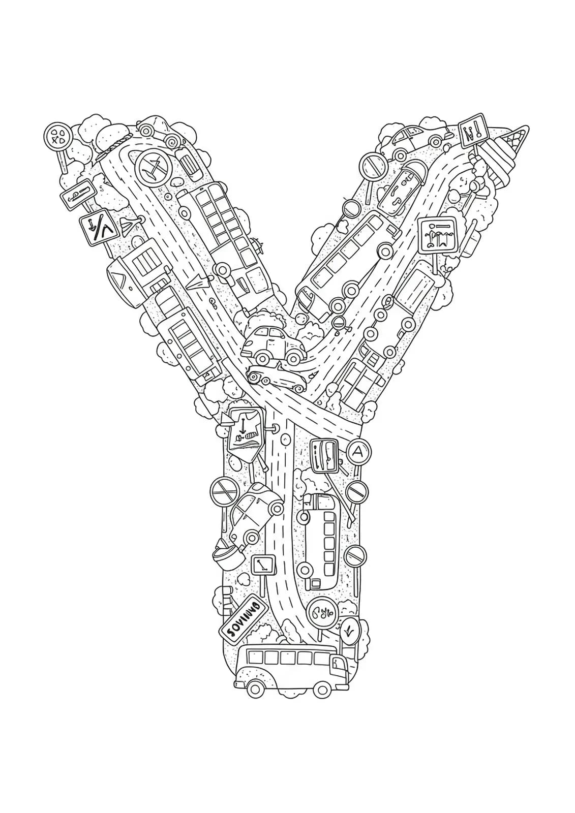 Intricate coloring page with letter Y and vehicles like buses, cars, and road signs for preschoolers